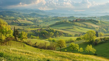Fototapeta premium Country landscape on the hills in the Ravenna province, Emilia-Romagna, Italy, near Riolo Terme and Brisighella, at springtime