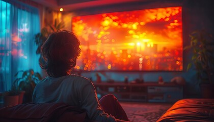 popular streaming series, illustrating bingewatching culture focus on, theme entertainment, surreal, Blend mode, living room