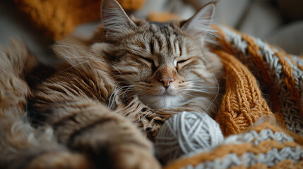 A contented cat curls up in its owner's lap, pawing at a ball of yarn as they relax together