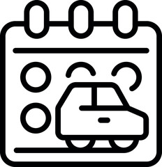 Black and white simplistic vector car service reminder icon for scheduling vehicle maintenance and repair appointments on a calendar. Featuring line art for oil changes. Tuneups. Tire rotations