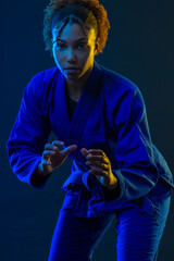 Brazilian girl Jujutsu fighter is ready for the Jiu Jitsu wrestling competition. Brazilian sport...