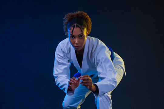 Brazilian girl Jujutsu fighter is ready for the Jiu Jitsu wrestling competition. Brazilian sport ju-jitsu. Mixed martial arts.