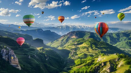 Obraz premium a sky view having different colored hot-air balloons in between the green mountains