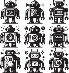 Set of Robots Vector Illustration Silhouette. Toy Machine Icon Retro technology