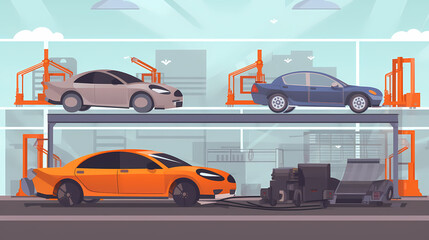 Naklejka premium Robotized car factory cartoon concept vector image