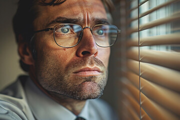 A concerned businessman looking out the window of his office