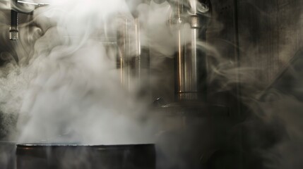 Fototapeta premium Macro of steam rising from a waste processing boiler, detailed focus on steam swirls, muted, ambient light.