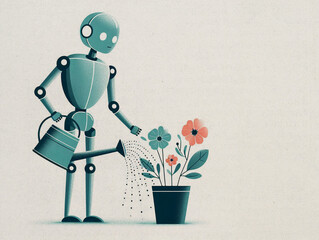 Paper textured illustration of humanoid robot watering flowers, copy space for text