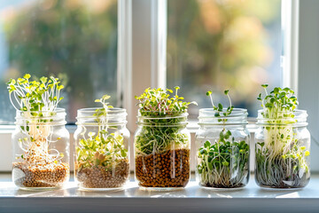Self-cultivation of microgreens, various sprouts in glass jars standing on the windowsill