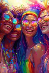 Obraz premium Celebrating Diversity: Happy Friends at Pride Event with Rainbow Accessories Smiling Brightly