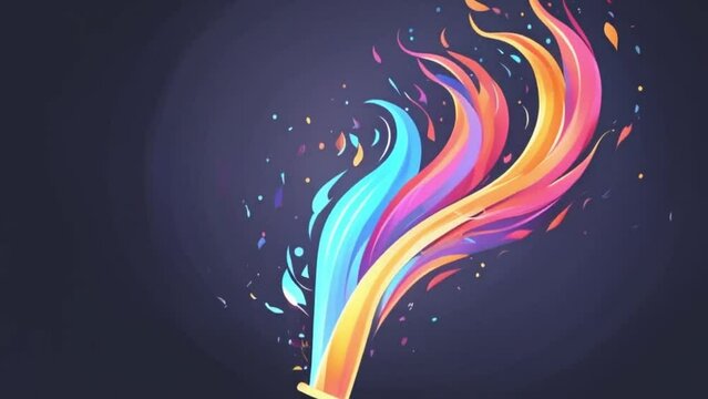AI video. Sports background. A torch with multicolored stripes in the form of waves. on a dark background. The championship icon, the symbol of victory. the flame of champions. A hand holds a torch