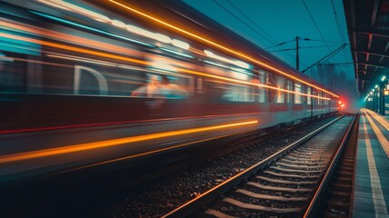 Fototapeta premium a train moving at morning, with light trail, 8k uhd