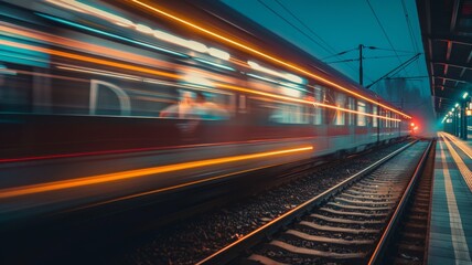 a train moving at morning, with light trail, 8k uhd