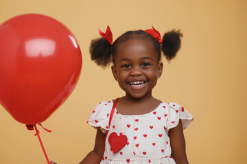 Black girl around 5 years old, with two pigtails tied with red ribbons, dressed in a white dress with small red hearts. She is holding a large red balloon