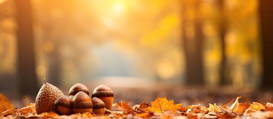 Autumn park with oak tree's yellow leaves, creating a picturesque fall background. A beautiful landscape with a copy space image.