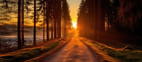 Sunset sunbeams shining on a forest road running through an autumn deciduous forest at dawn or sunrise, captured in a toned instant photo with copy space image.