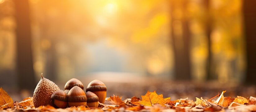 Autumn park with oak tree's yellow leaves, creating a picturesque fall background. A beautiful landscape with a copy space image.