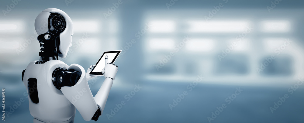 Poster mlp 3d illustration robot humanoid using tablet computer in future office while using ai thinking br
