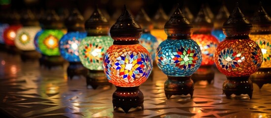 Fototapeta premium Beautiful Turkish lamps, made traditionally, showcased in a souvenir shop, with a colorful glass mosaic design. Illuminated at night, casting a warm and inviting ambiance with copy space image.