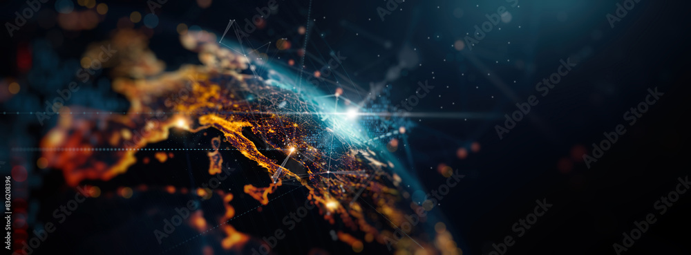Leinwandbilder A stunning visualization of a global network connection with illuminated lines and nodes representing data exchange across continents, highlighting the interconnected world of modern technology.