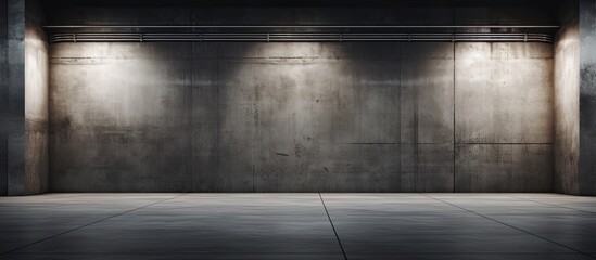 Empty garage interior with a dark concrete wall and a plain floor, perfect for a copy space image.