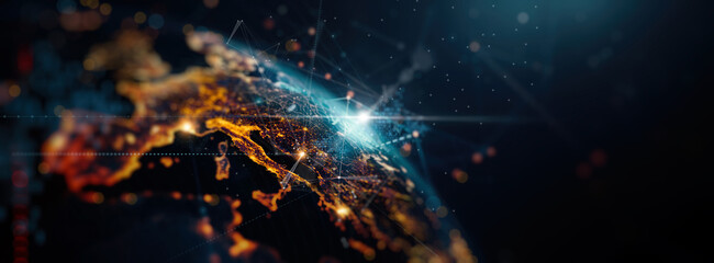 A stunning visualization of a global network connection with illuminated lines and nodes representing data exchange across continents, highlighting the interconnected world of modern technology. © greenbutterfly