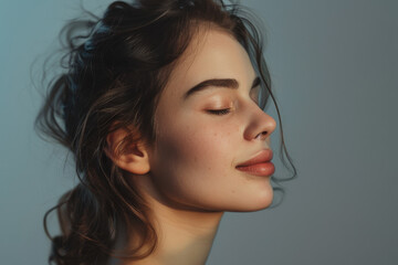 Fototapeta premium A close up of a woman's face with her eyes closed looking to a side