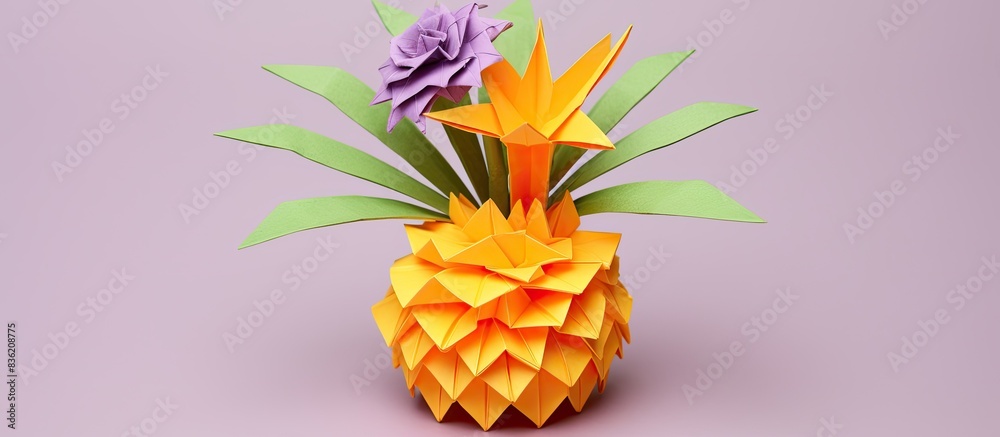 Wall mural an origami pineapple on a white backdrop with plenty of empty space for writing or images. copy spac