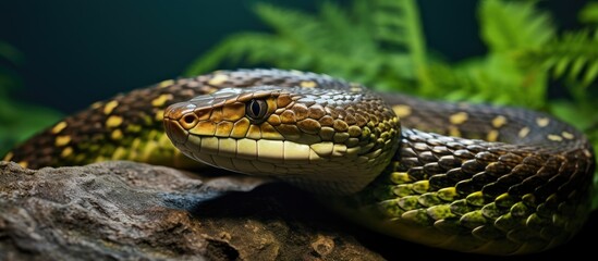 Wildlife vet holding a smooth, non-venomous snake shedding its skin, highlighting exotic veterinary care in a natural setting with a copy space image.