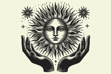 Sun with face in hands. Isoteric vector illustration. vintage black engraving, emblem, logo