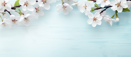 Aerial view of a spring cherry blossom tree against a pastel mint backdrop for a flat lay picture with copy space image.
