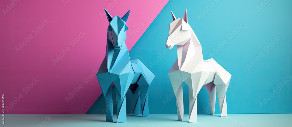 Poster colorful paper unicorns and pegasus on a dark background create a whimsical display. the paper unico