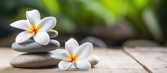 Zen stones and a red plumeria flower symbolizing harmony and inner peace against a blurred background, embodying holistic well-being of body, mind, and soul in a copy space image.