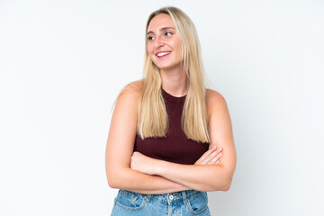 Young caucasian woman isolated on white background happy and smiling