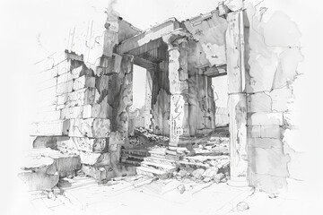 Detailed sketch of ancient ruined structure, showcasing intricate stonework and historical decay in timeless black and white.