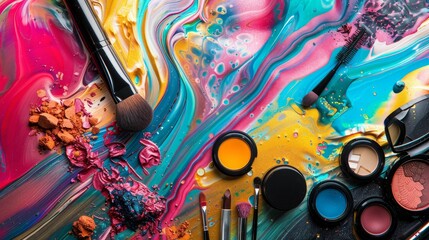 A vibrant, artistic photo of makeup products arranged to resemble a colorful generated by AI