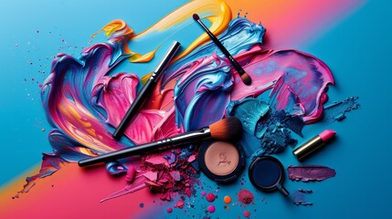 A vibrant, artistic photo of makeup products arranged to resemble a colorful generated by AI