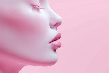 Elegant side profile of a woman's face with smooth, flawless skin against a soft pink background, highlighting beauty and serenity.