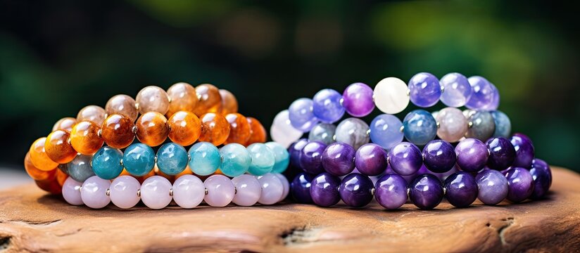 Handmade chalcedony and amethyst gemstone beaded bracelet with healing properties, suitable as birthstone jewelry, all set against a white background for copy space image.