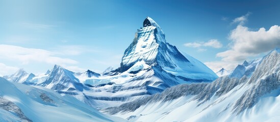 Picture of a mountain covered in snow against a plain white backdrop with room for extra graphic or text. Copy space image. Place for adding text and design