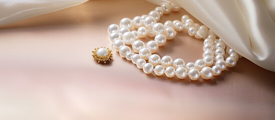 Top view of handcrafted pearl silver necklace on a luxurious silk backdrop with ample copy space image.