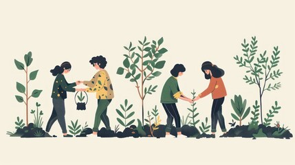 Illustrations people plant some trees