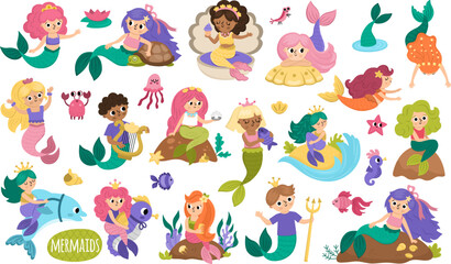 Vector mermaids set. Underwater kingdom collection with ocean princess, prince. Cartoon marine fairytale characters for kids. Water adventures clipart with sirens swimming, sitting on rock.