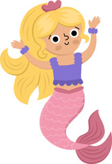Obraz premium Fairy tale vector mermaid with blond hair. Fantasy fish girl isolated on white background. Fairytale sea princess with hands up. Treasure island, underwater adventure icon. Cute siren character