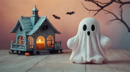 Beautiful and friendly Halloween ghost on pastel background. Generative AI