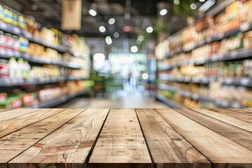 Empty wooden tabletop with blurred supermarket interior. Minimalist concept.