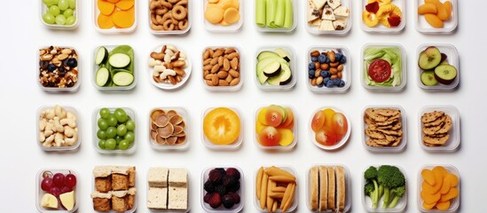 Assortment of nutritious snacks for kids, such as ants on a log, trail mix, apple with cheese,...