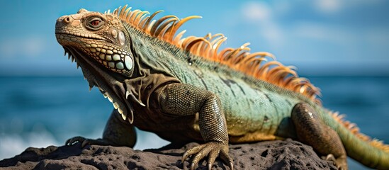 The marine iguana, known as Amblyrhynchus cristatus, in a natural setting with ocean backdrop for a copy space image.