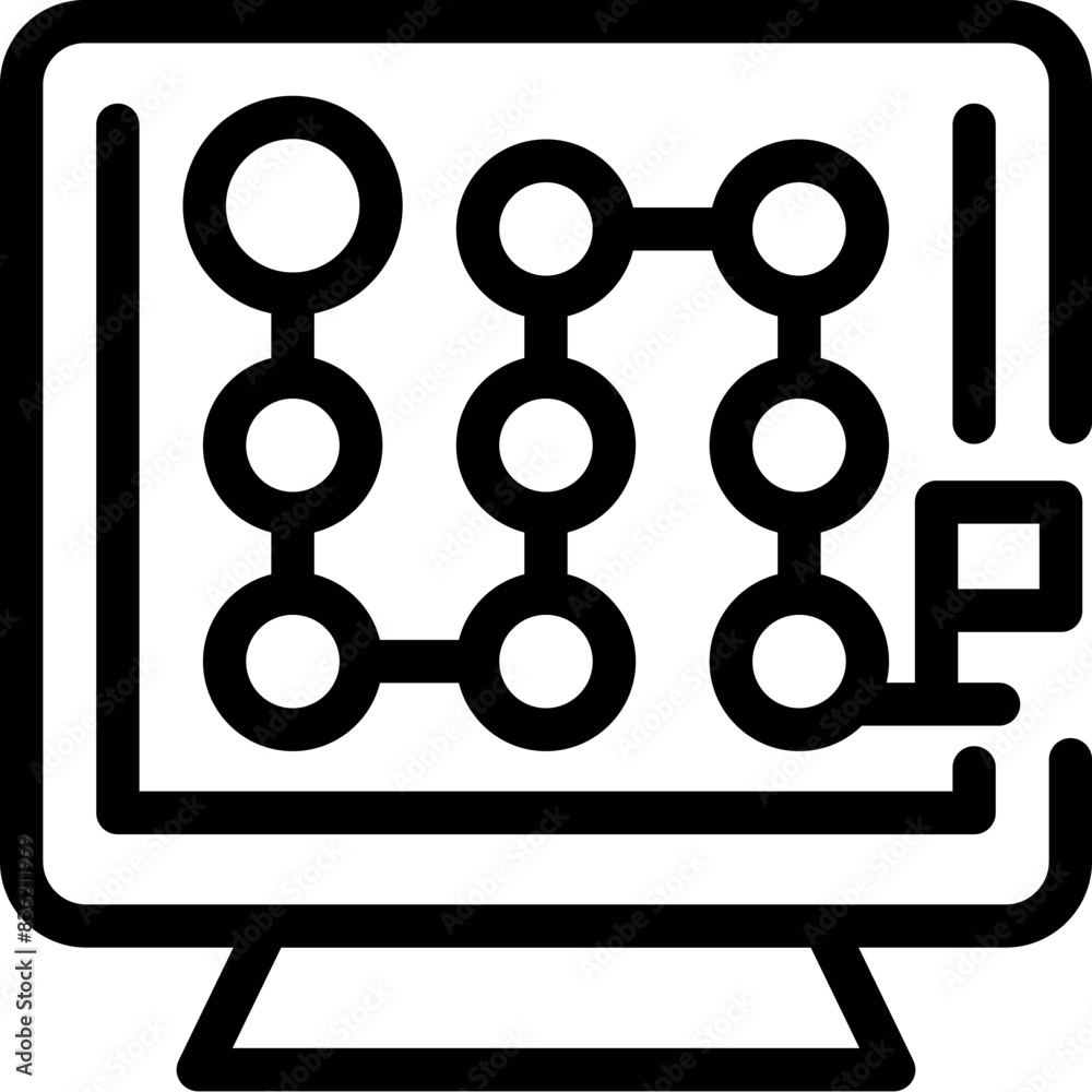 Poster black and white vector icon of a circuit board displayed on a computer monitor, symbolizing technolo