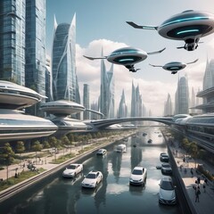 A futuristic city with flying cars and advanced transport 